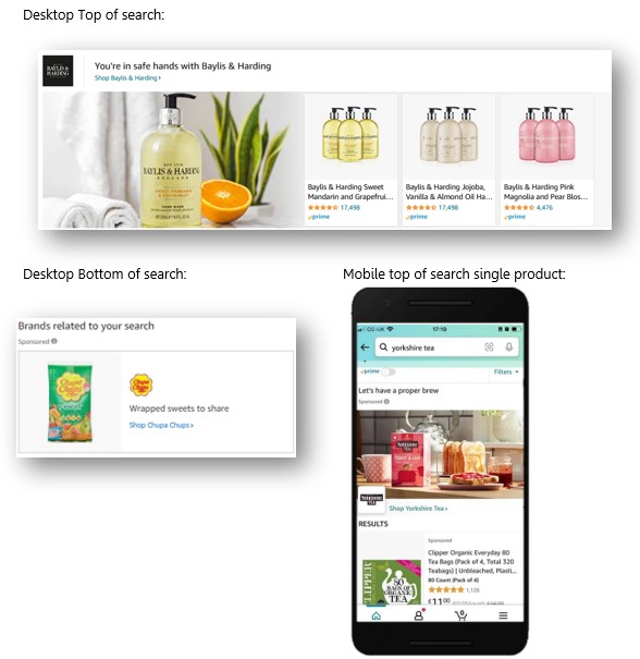 Images of Sponsored Brand ads from the suite of Amazon Advertising options available