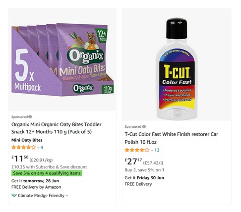 Images of Sponsored Product ads from the suite of Amazon Advertising options available
