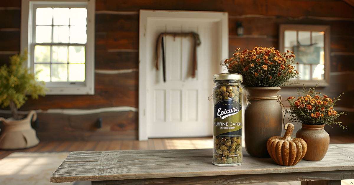 AI Amazon listing image showing Epicure Surfine Capers on a table in a rustic setting, next to a pumpkin and vases of flowers