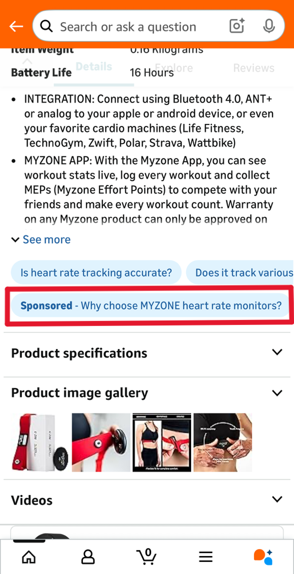Image showing a Sponsored Product Prompt in situ on a Product detail page.  This is just one of the Sponsored Ads announcements at unBoxed