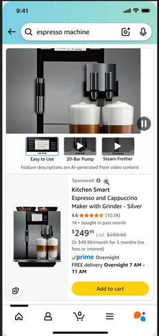 An image from the Amazon materials for their new Sponsored Ads video functionality - Sponsored Product Video.  The image shows a Sponsored Prodict ad with 3 separate clickable video icons which, when clicked, play different videos showing different features of the product