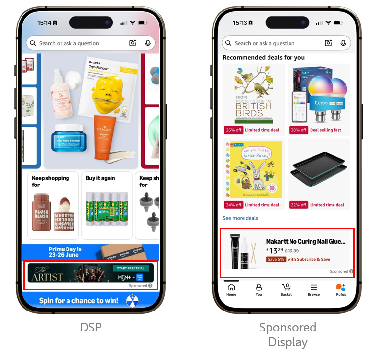 Screenshots showing DSP and Sponsored Display ads on the Amazon storefront