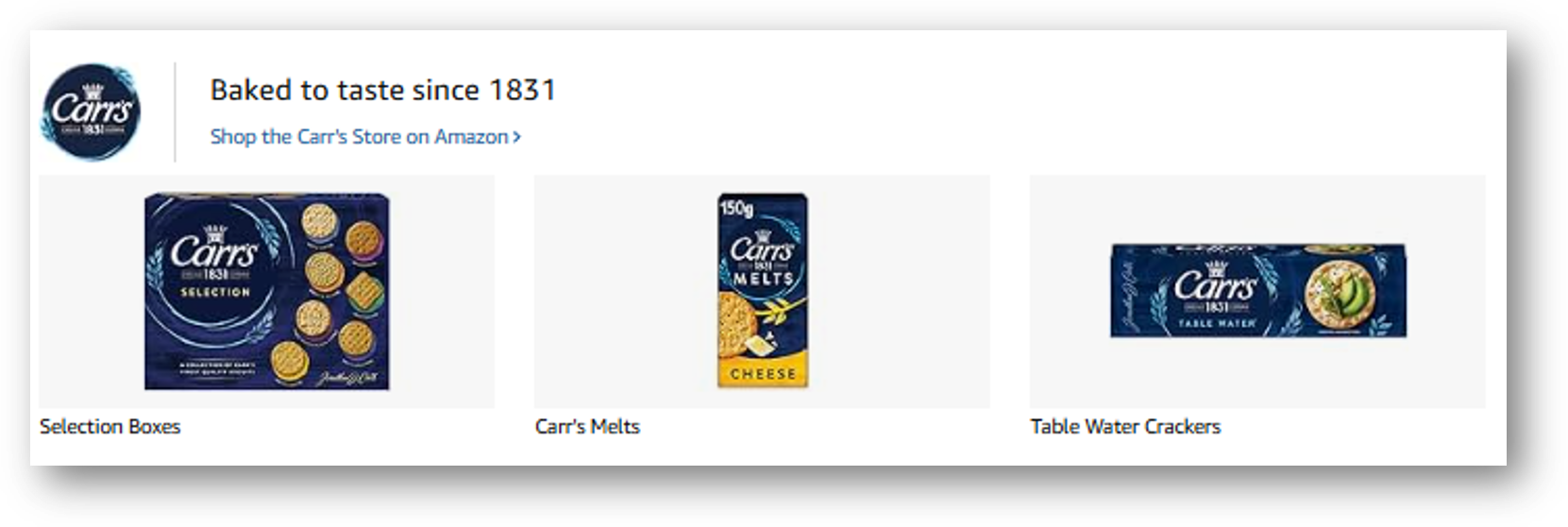 Image of a Sponsored Brand Store Spotlight ad for Carrs with a brand logo, headline and three products shown above three brand store page titles.